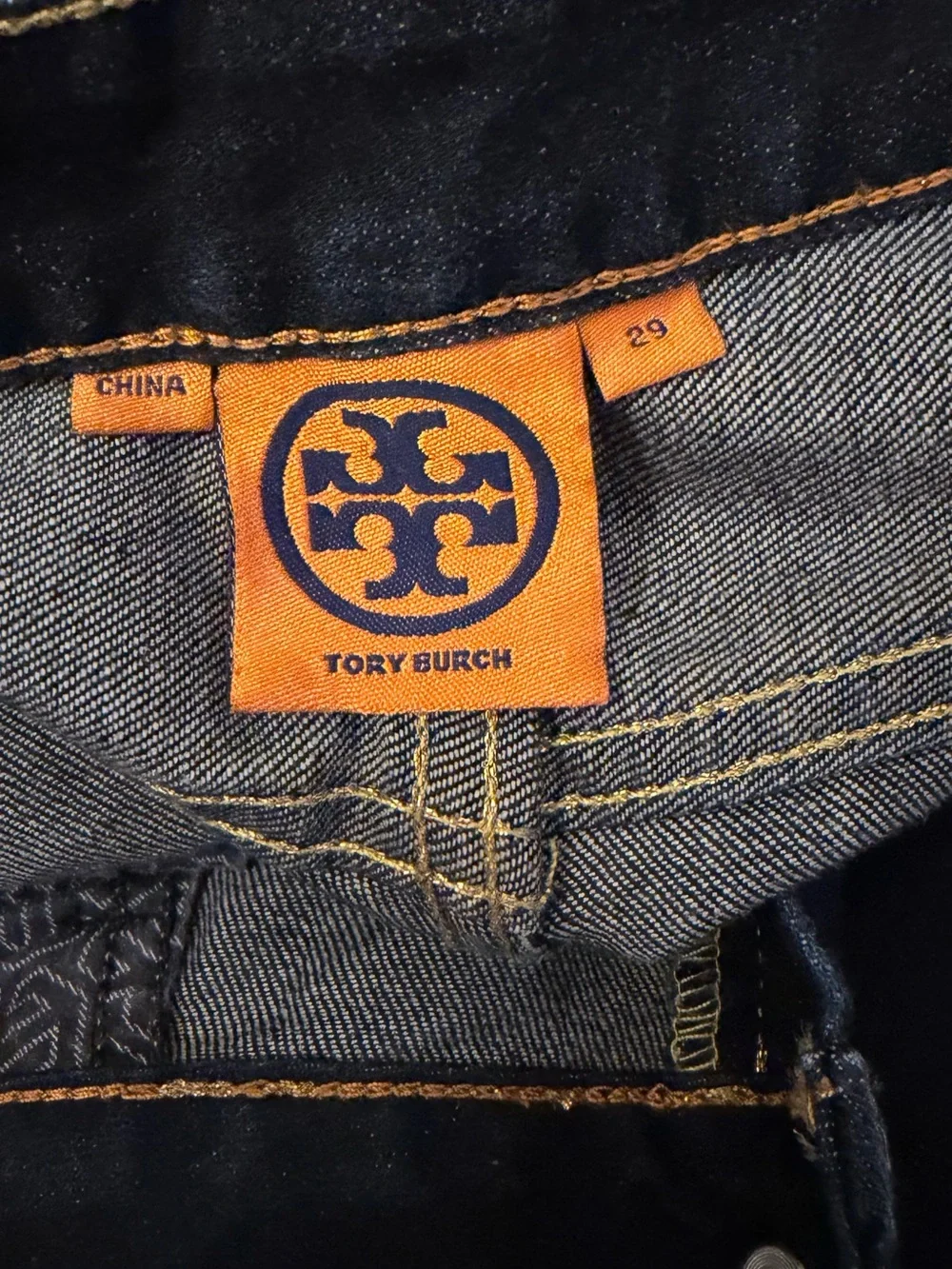 Tory Burch Dark Indigo Skinny Jeans with Gold Zipper